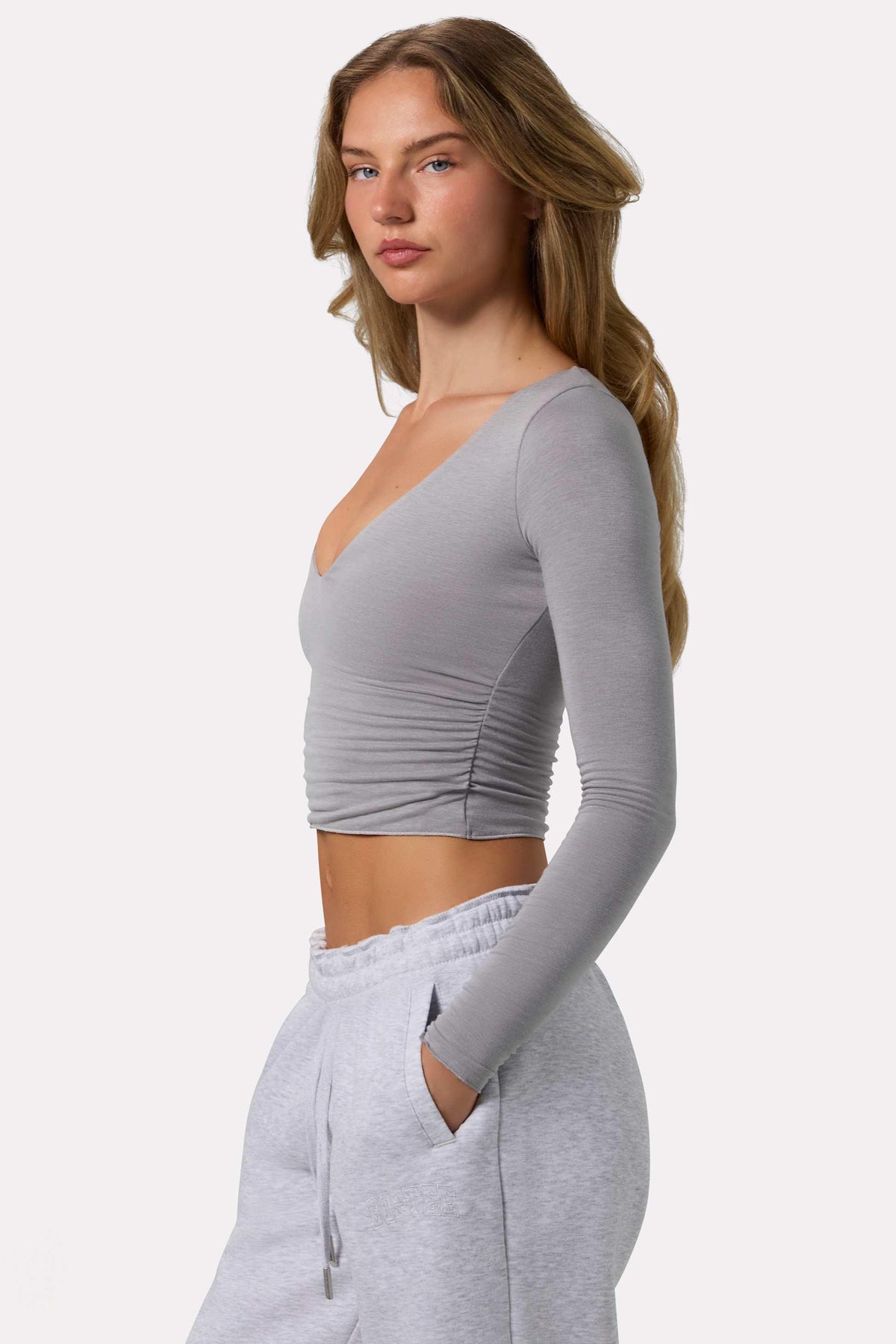 Ruched Long-sleeve Crop Top In Grey