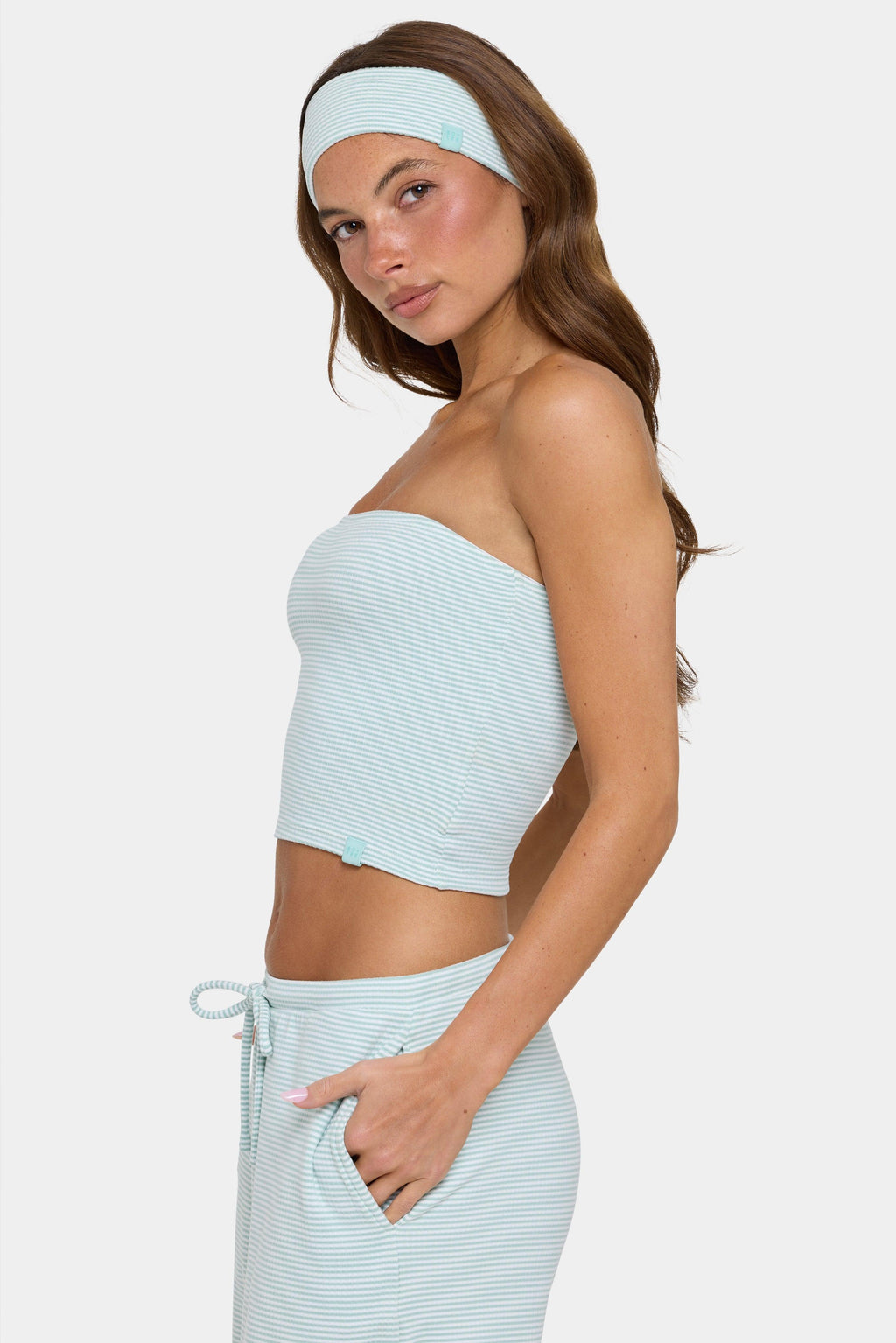Ribbed Jersey Bandeau Top In Mint Stripe