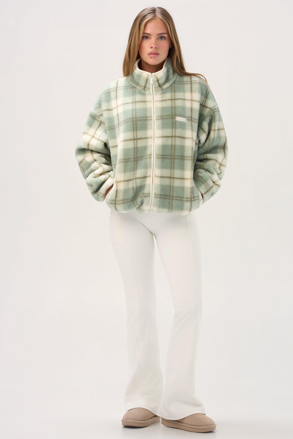 Oversized Zip-up Fleece In Matcha Plaid