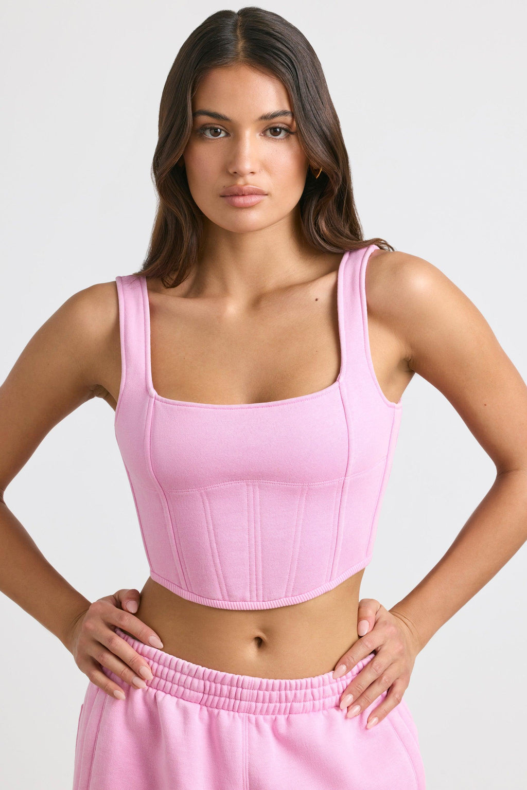 Brushed Jersey Corset Crop Top In Bubblegum Pink