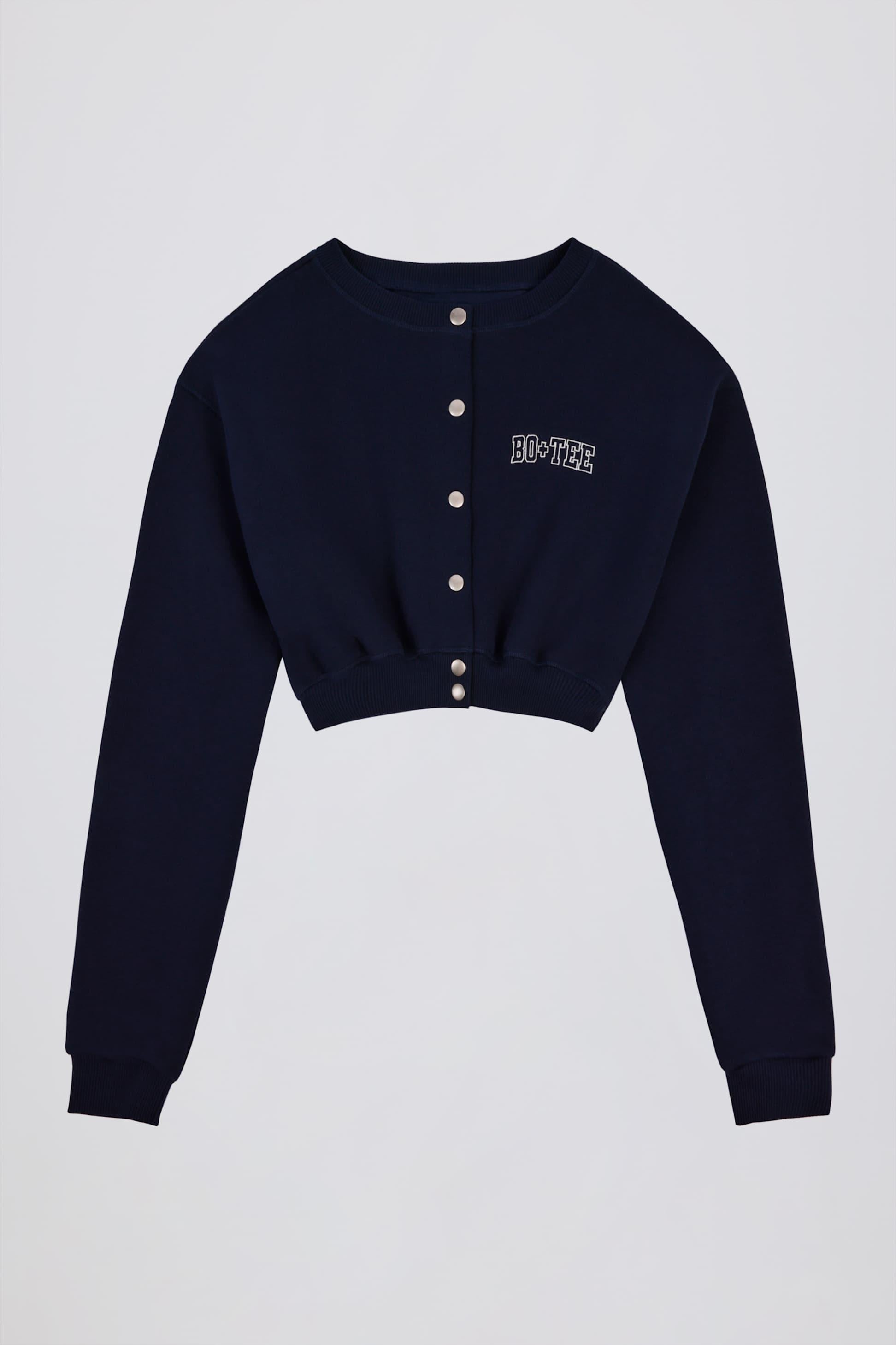 Brushed Jersey Button-up Cropped Cardigan In Classic Navy