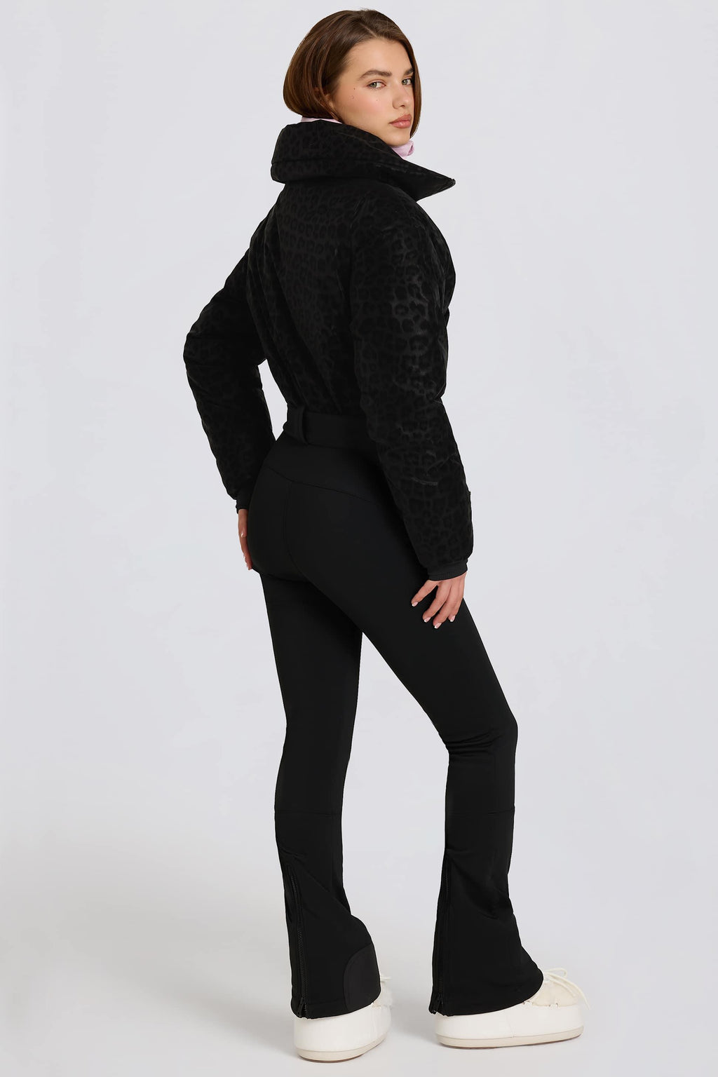 Waterproof Belted Layered Ski Suit In Black Leopard