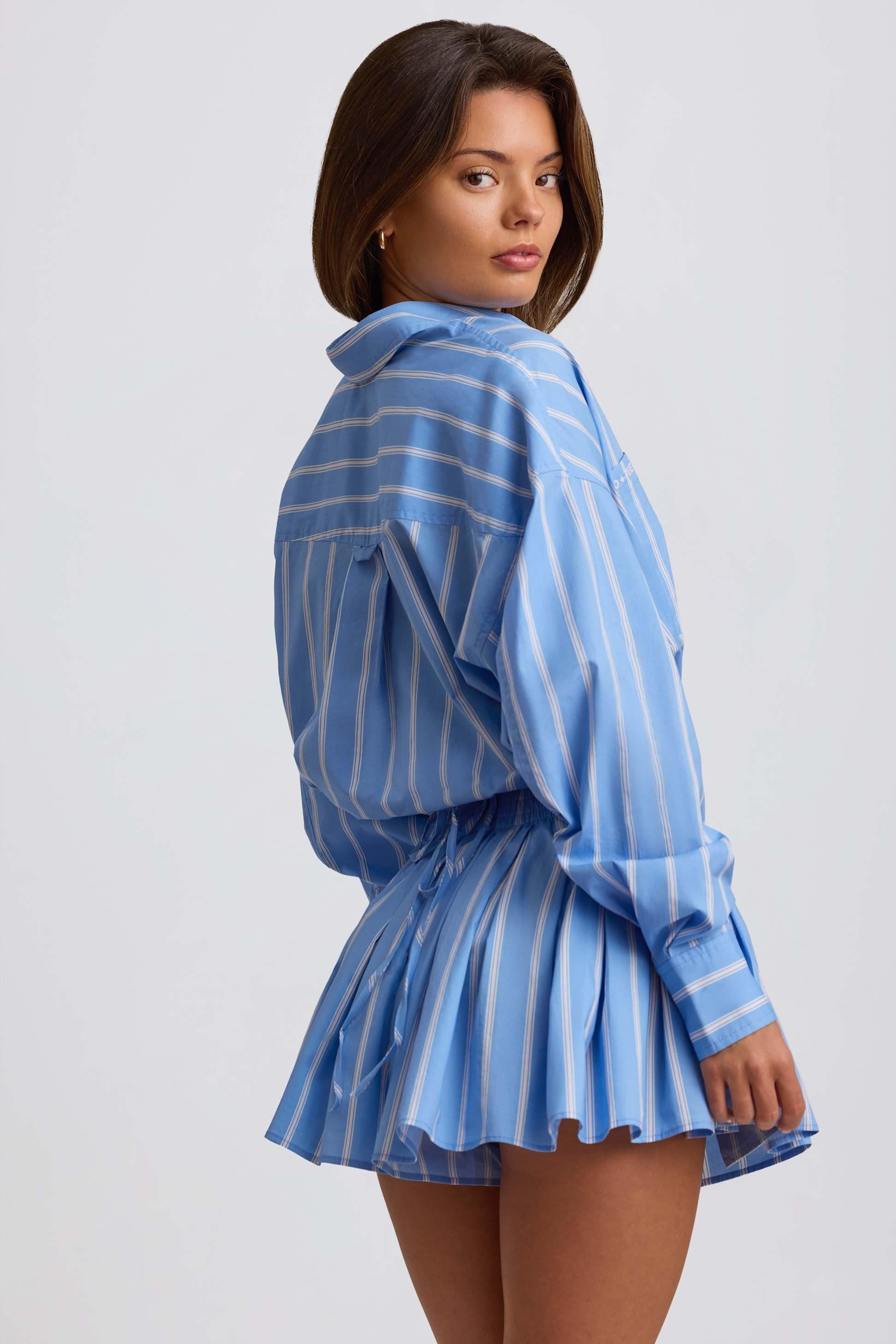 Cotton Poplin Stripe Multiway Cropped Shirt In Blue Stripe