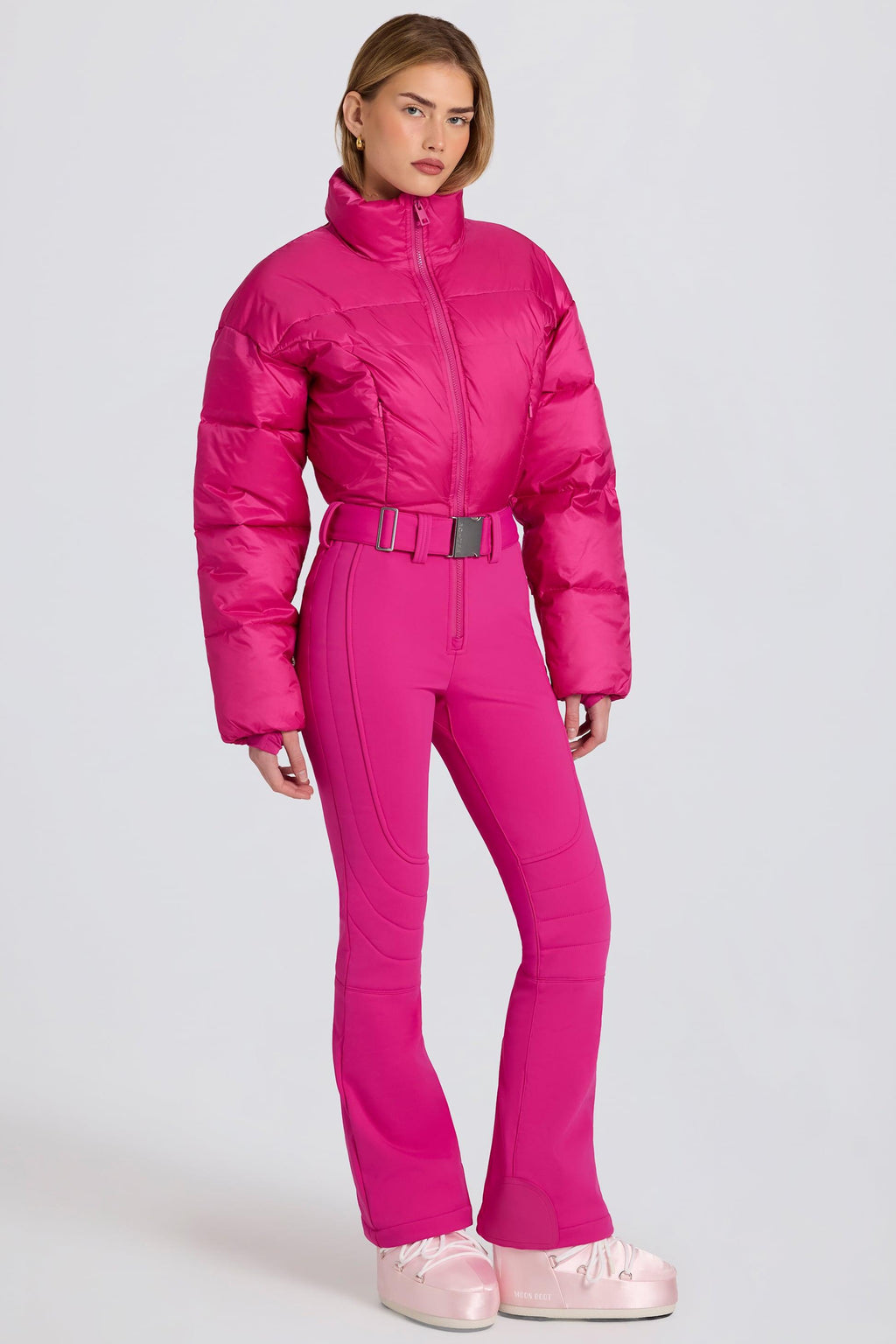 洋紅粉防水襯墊腰帶滑雪服