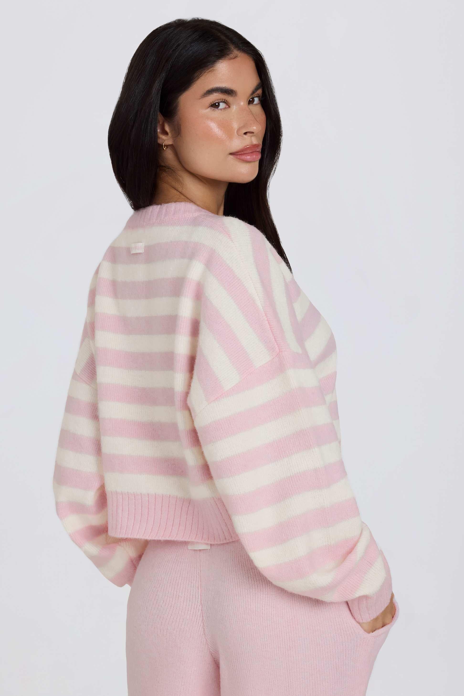 Soft Knit Stripe Cropped Cardigan In Pink Stripe