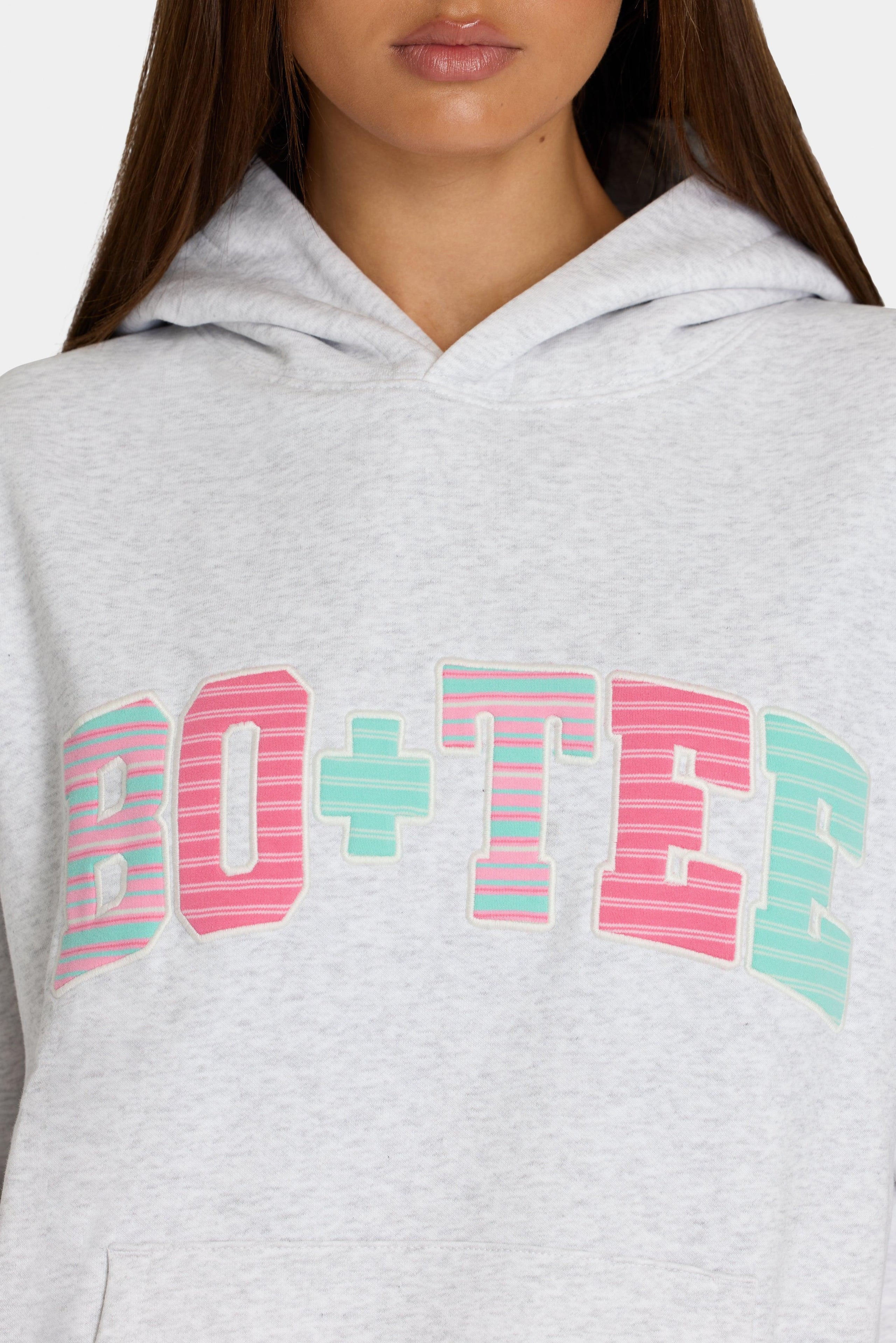 灰色棕色條紋超大貼花連帽衫