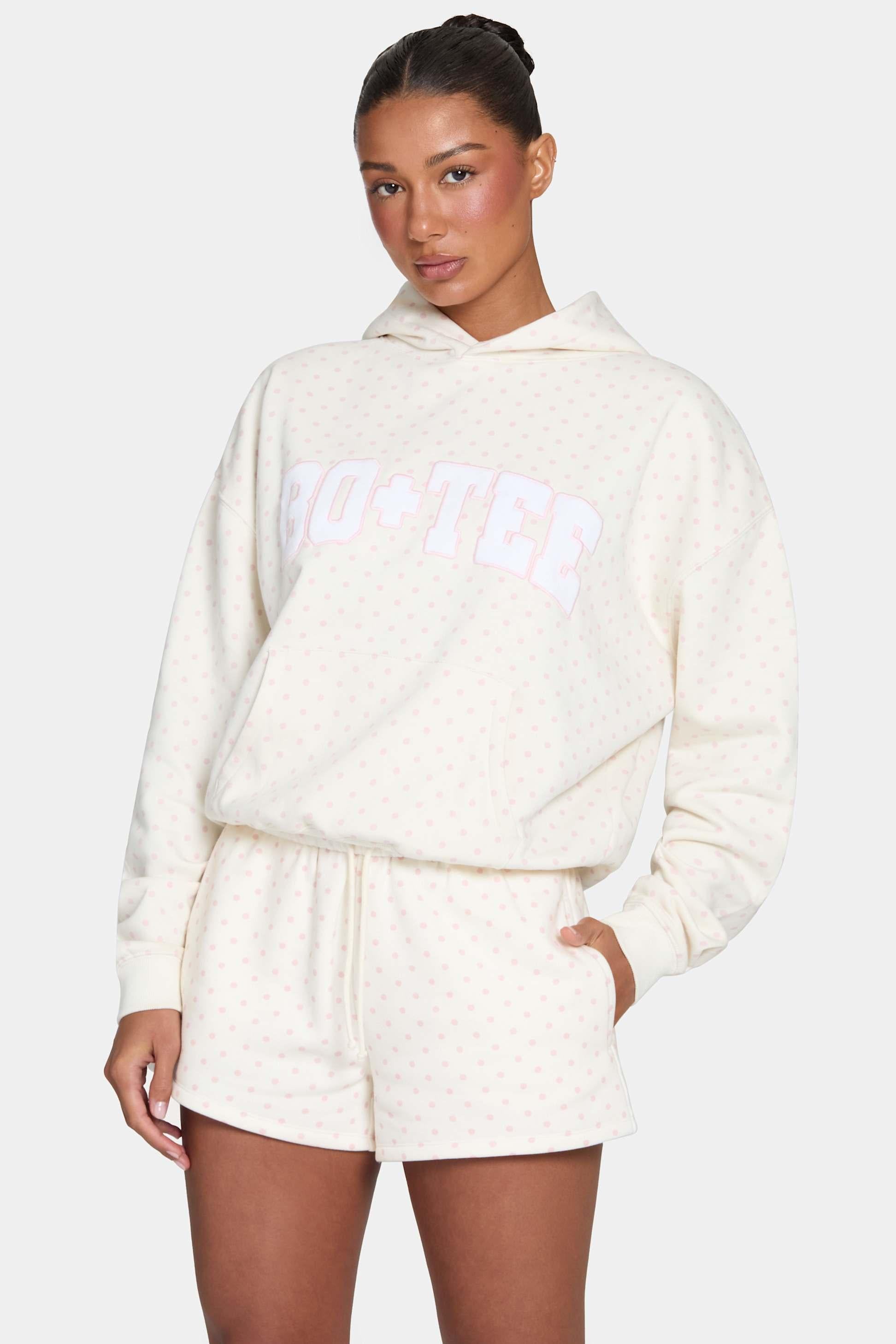 Oversized Applique Hoodie In Blush Polka Dot