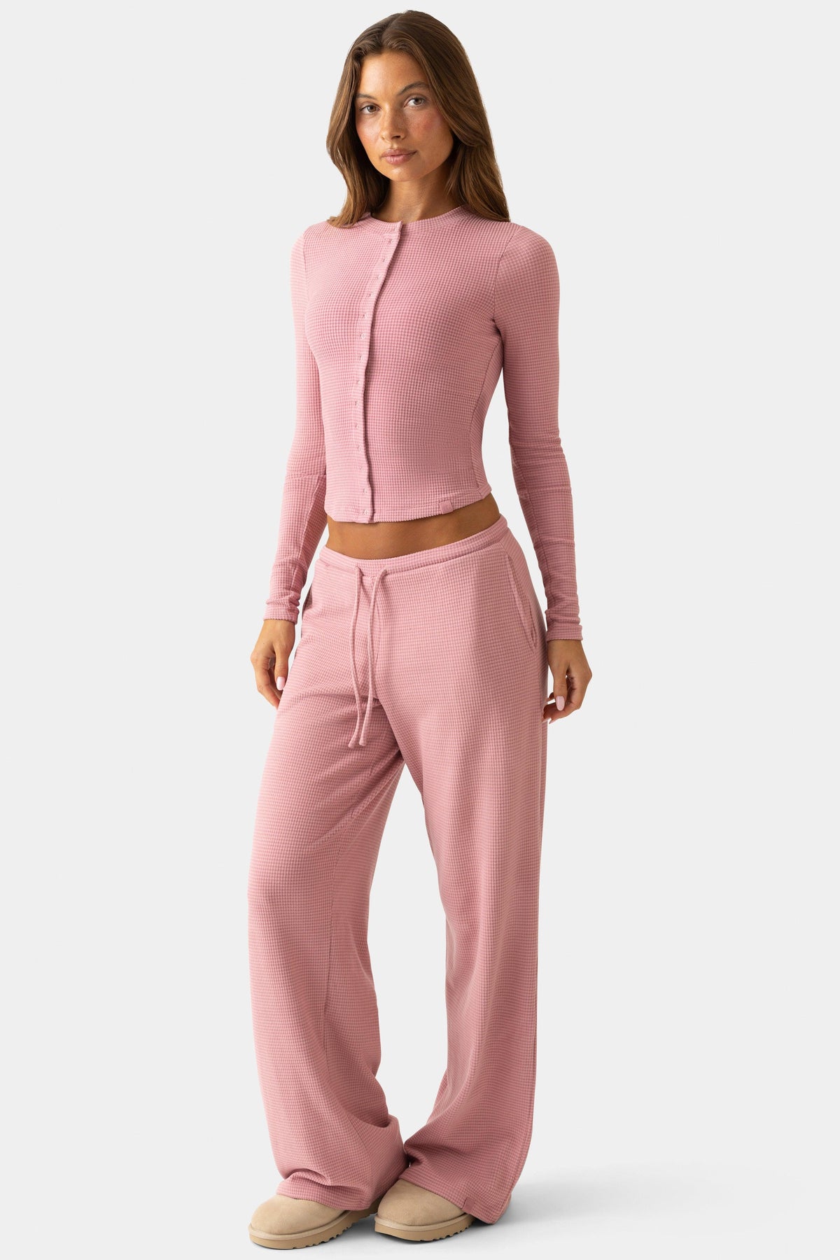 Ribbed Jersey Crewneck Cardigan In Berry