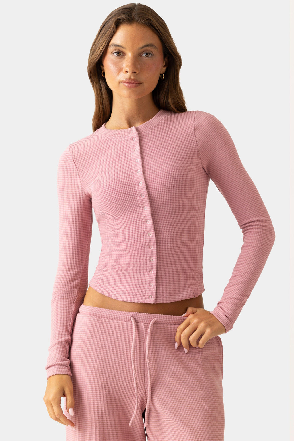 Ribbed Jersey Crewneck Cardigan In Mauve