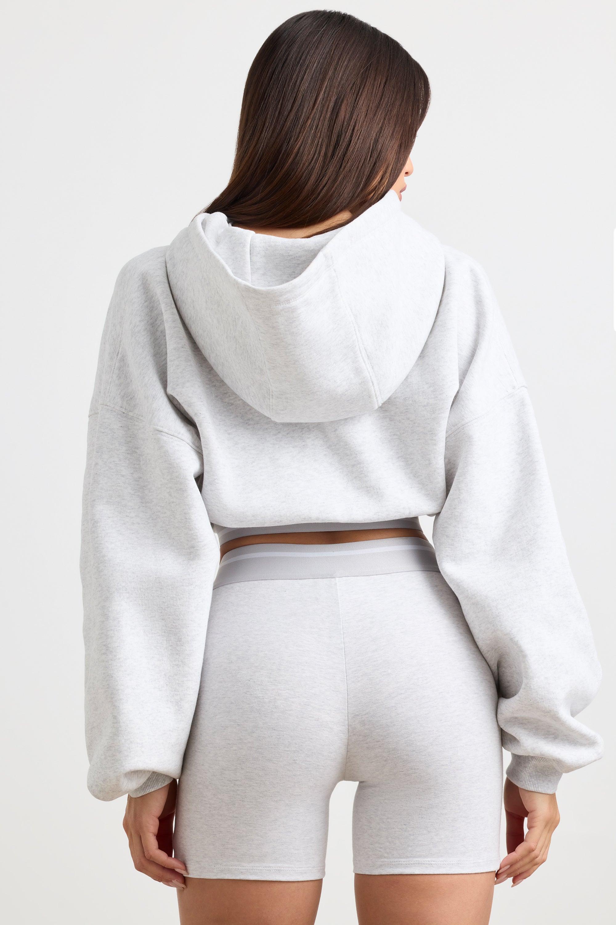 Stretch Cotton Fleece Cropped Hoodie In Grey Marl