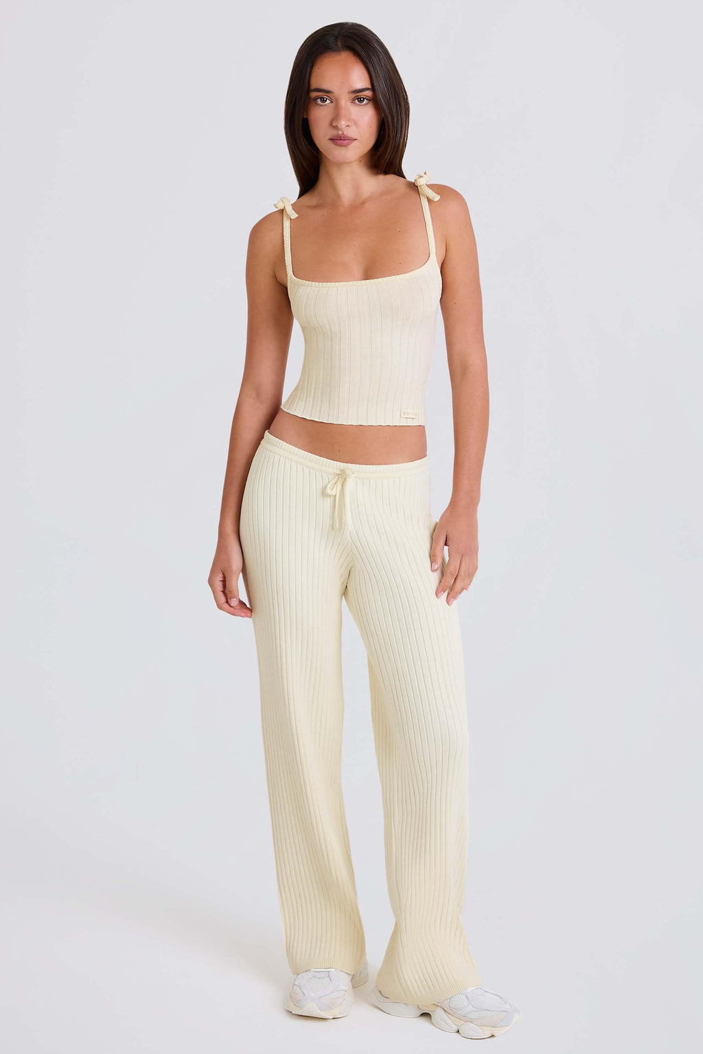 Ribbed Knit Wide-leg Joggers In Cream