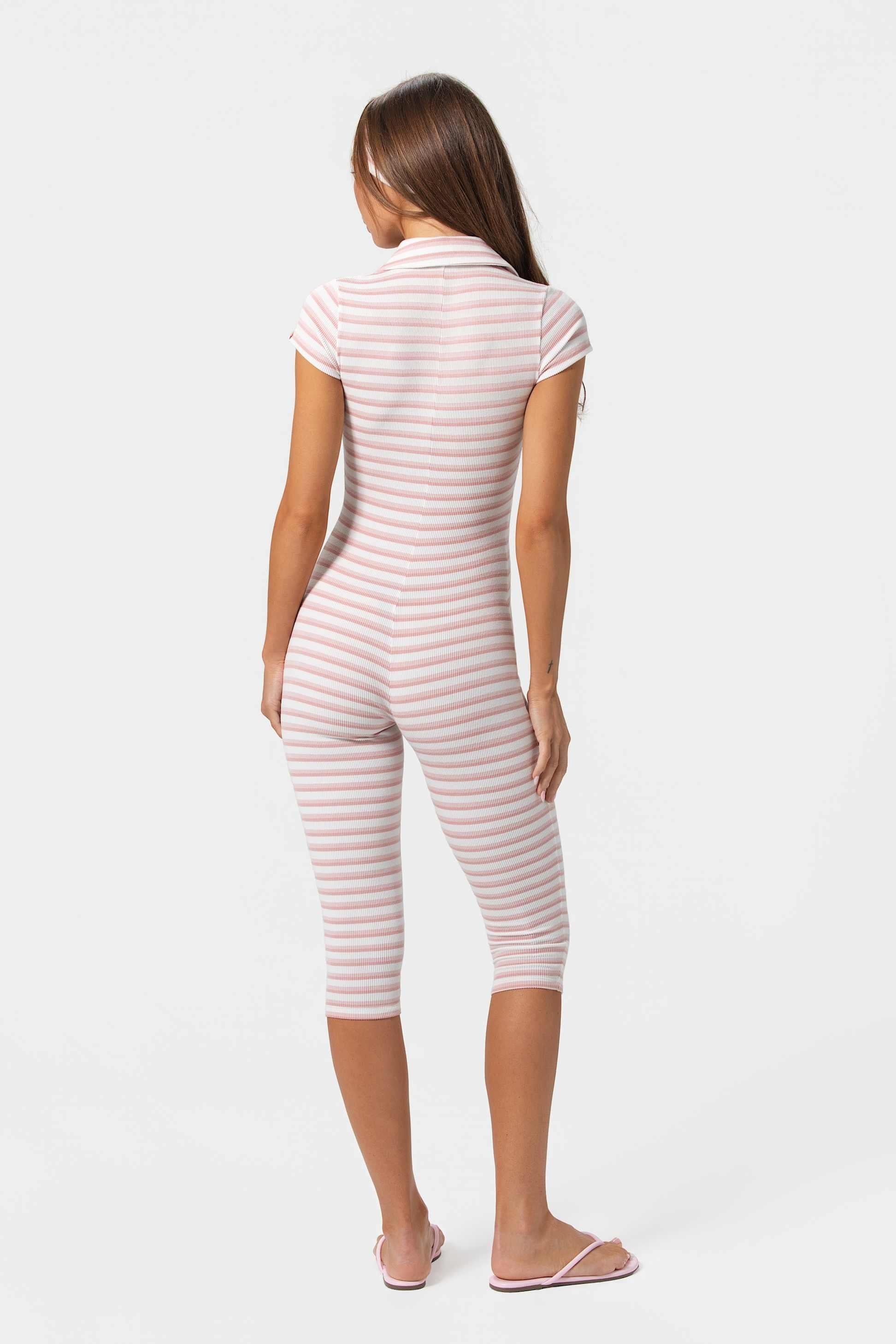 Ribbed Jersey Capri Jumpsuit In Pink Stripe