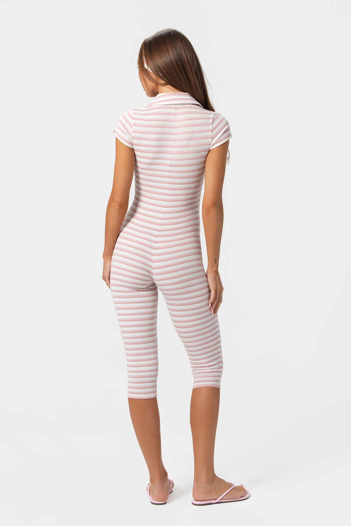 Ribbed Jersey Capri Jumpsuit In Pink Stripe