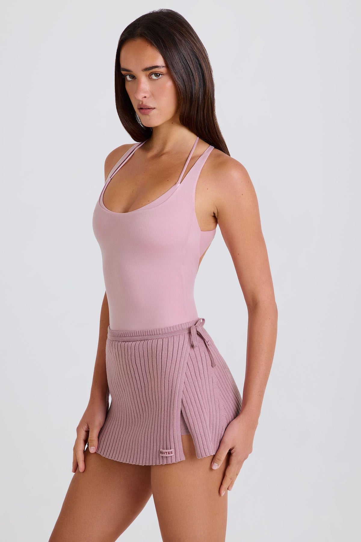 Ribbed Knit Tie Wrapover Skort In Mauve