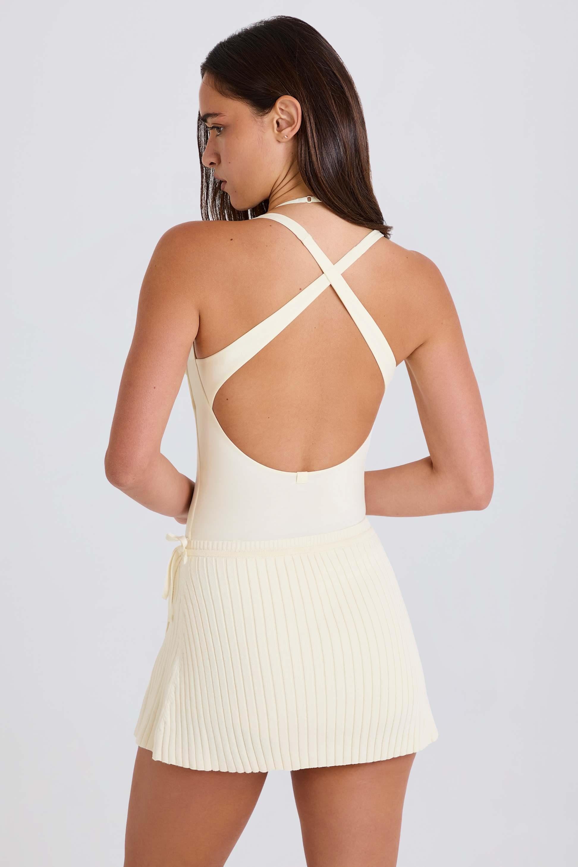 Ribbed Knit Tie Wrapover Skort In Cream