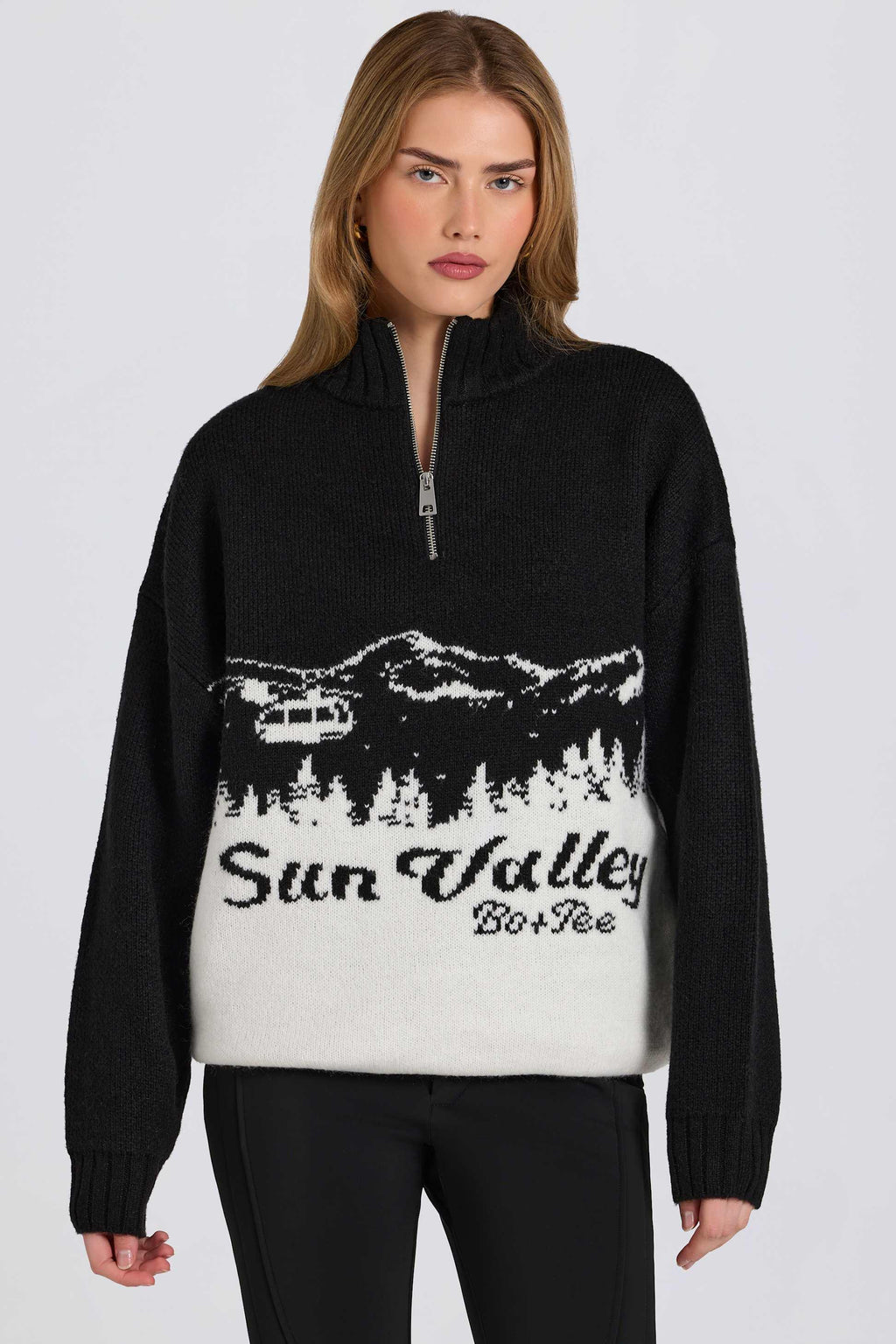 Knit Quarter-zip Turtleneck Oversized Jumper In Black