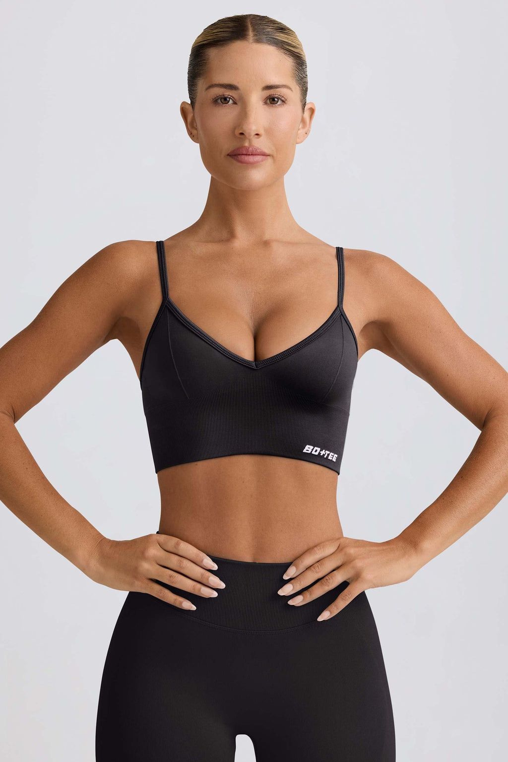 Define Luxe V-neck Sports Bra In Black