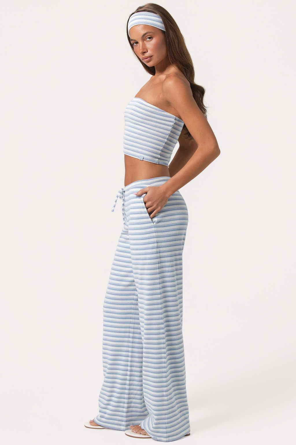 藍色條紋羅紋針織低腰長褲