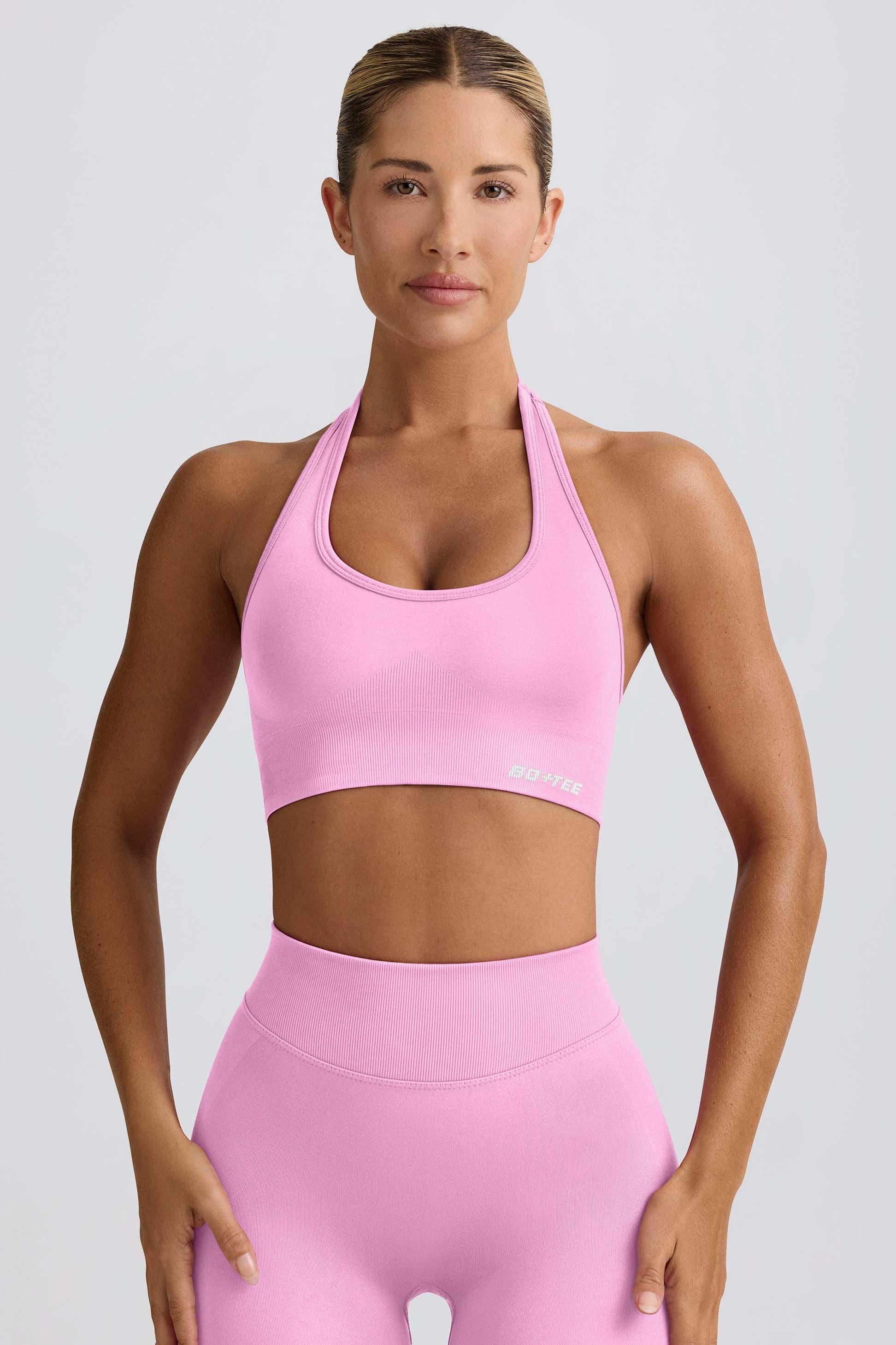 Define Luxe Halterneck Sports Bra In Bubblegum Pink
