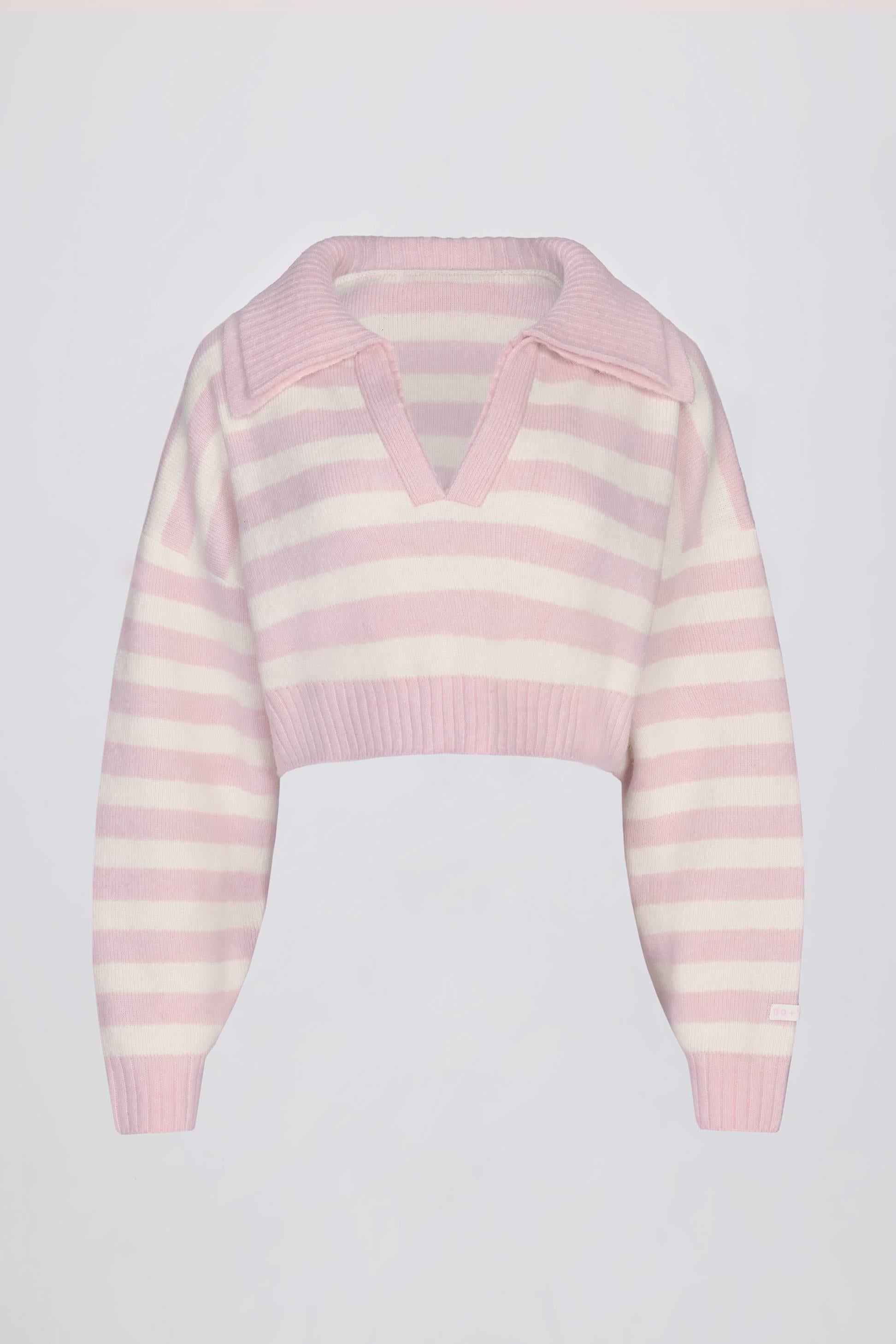 Soft Knit Layered Collar Cropped Jumper In Pink Stripe