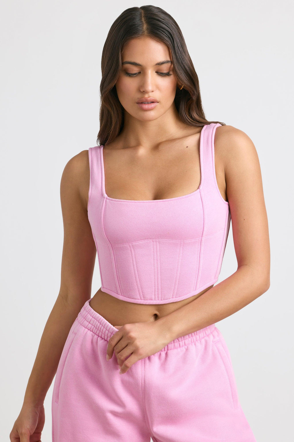 Brushed Jersey Corset Crop Top In Bubblegum Pink