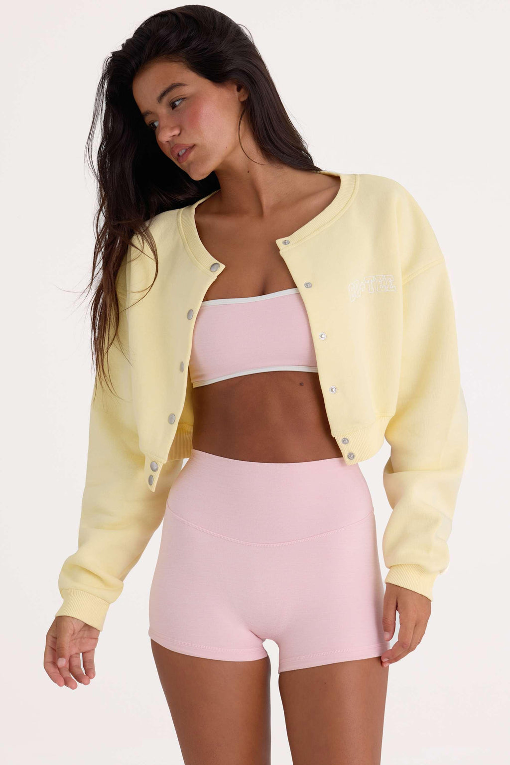 Brushed Jersey Button-up Cropped Cardigan In Lemon
