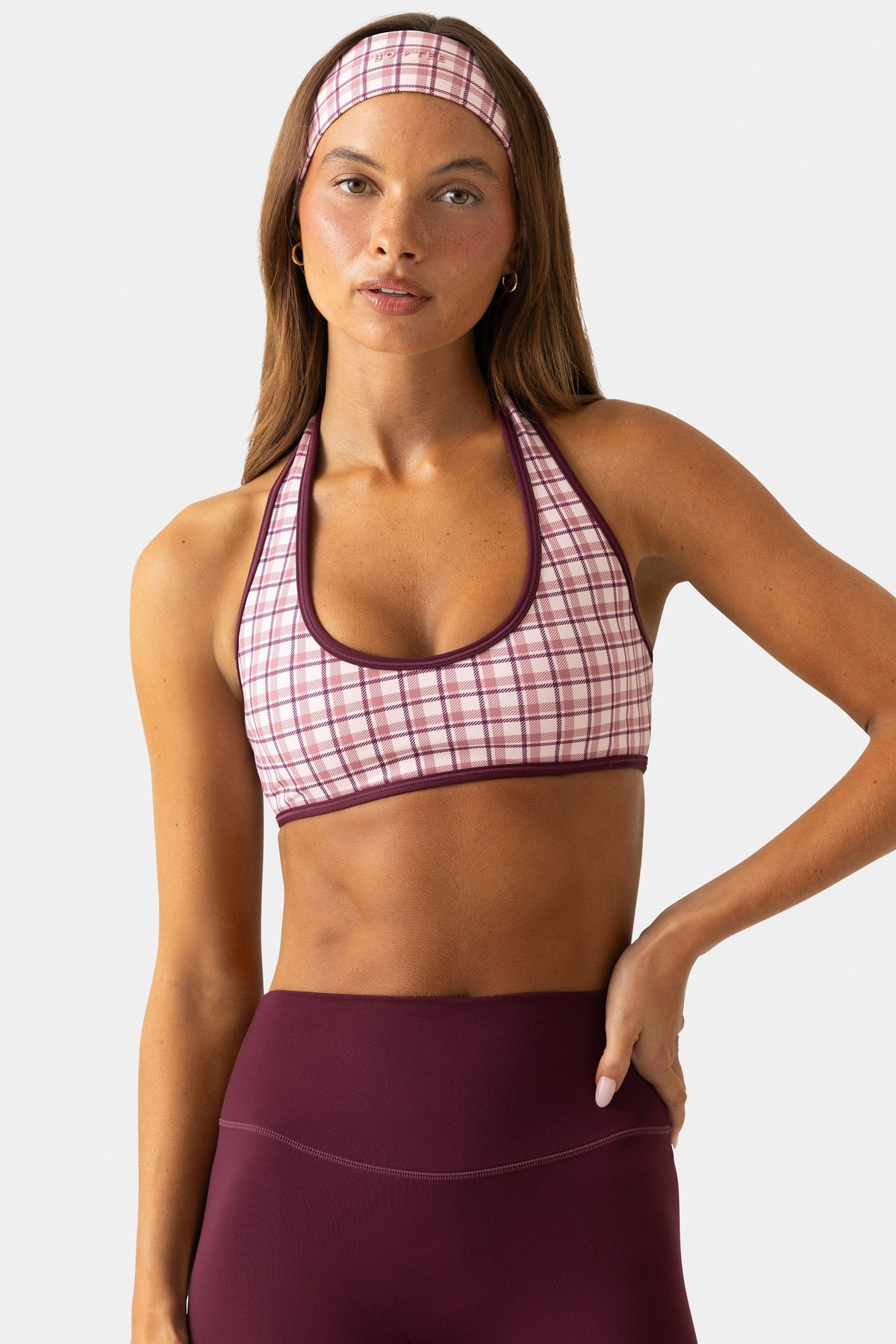 Soft Active Reversible Sports Bra In Mauve Plaid