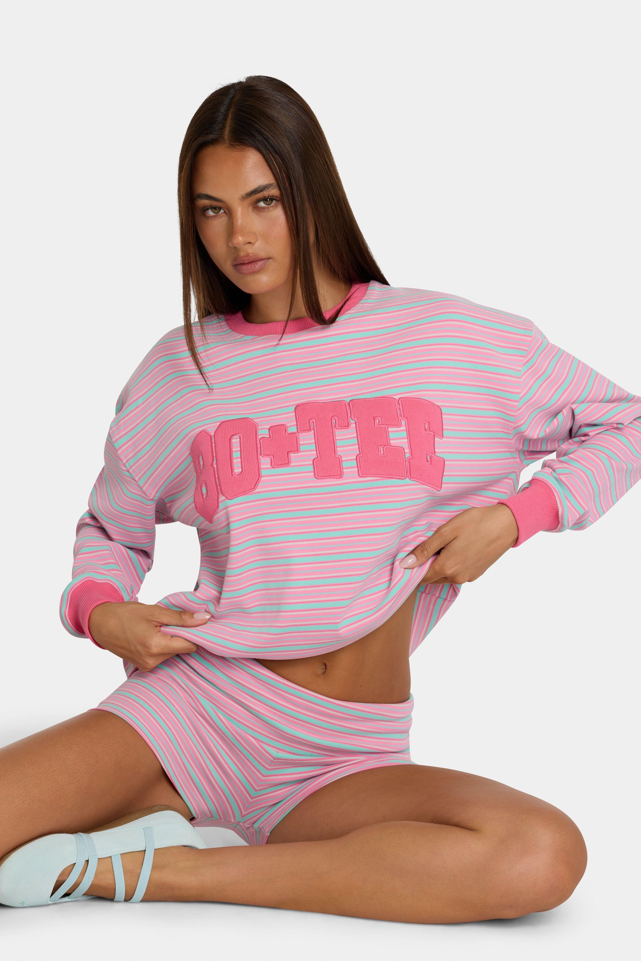 多條紋拉絲針織圓領運動衫