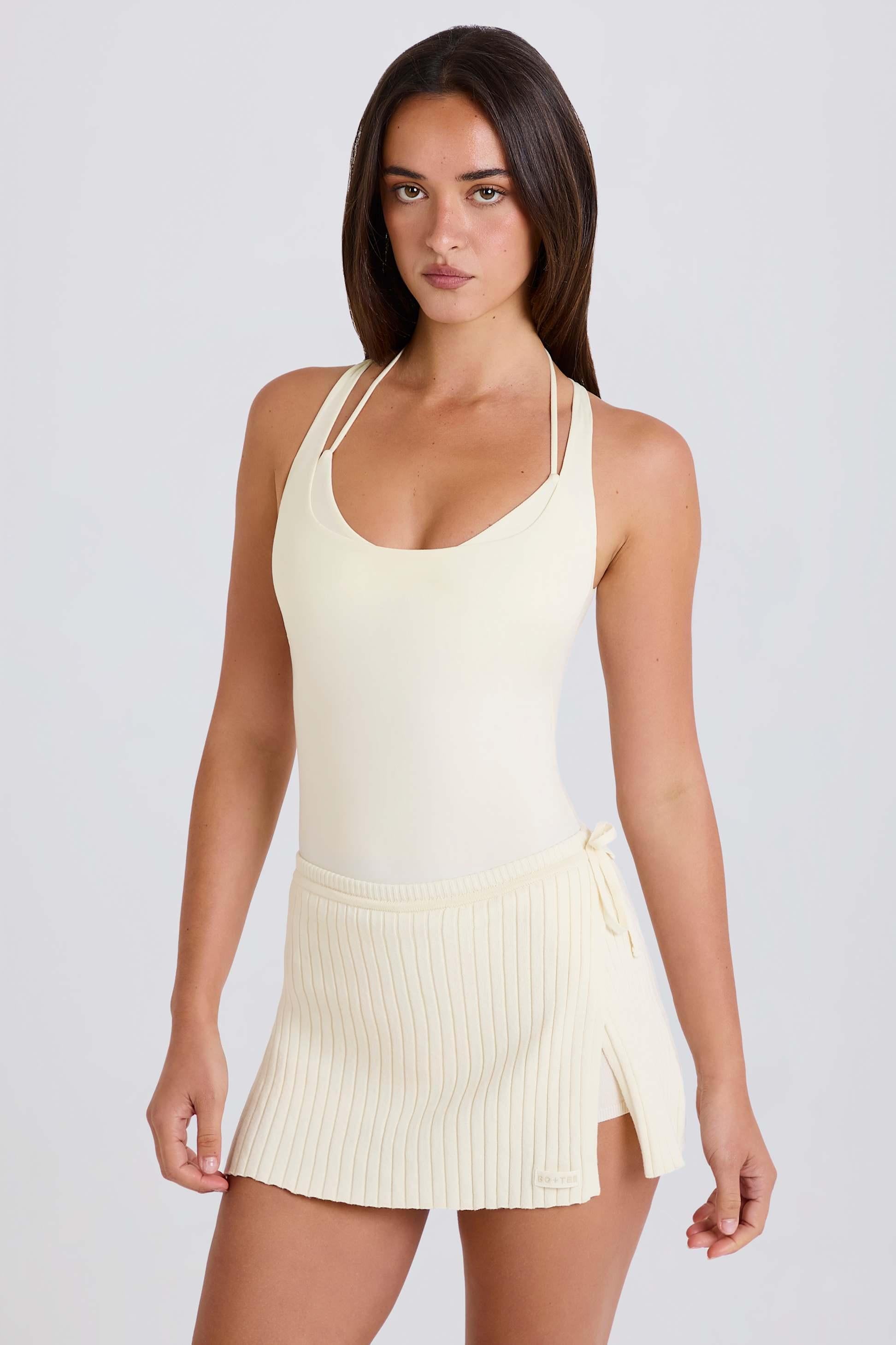 Ribbed Knit Tie Wrapover Skort In Cream