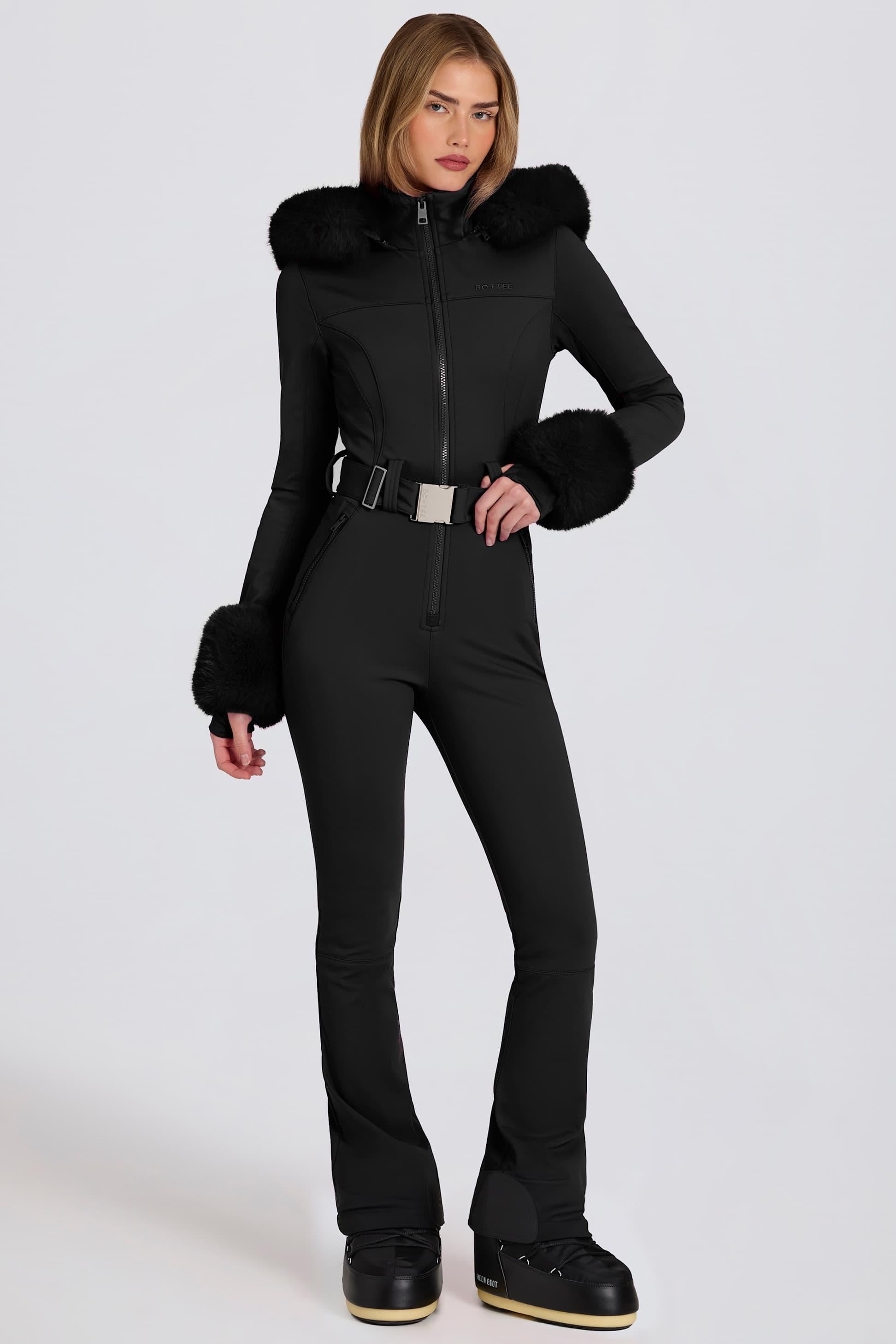 Waterproof Faux-fur Hood Fitted Ski Suit In Black