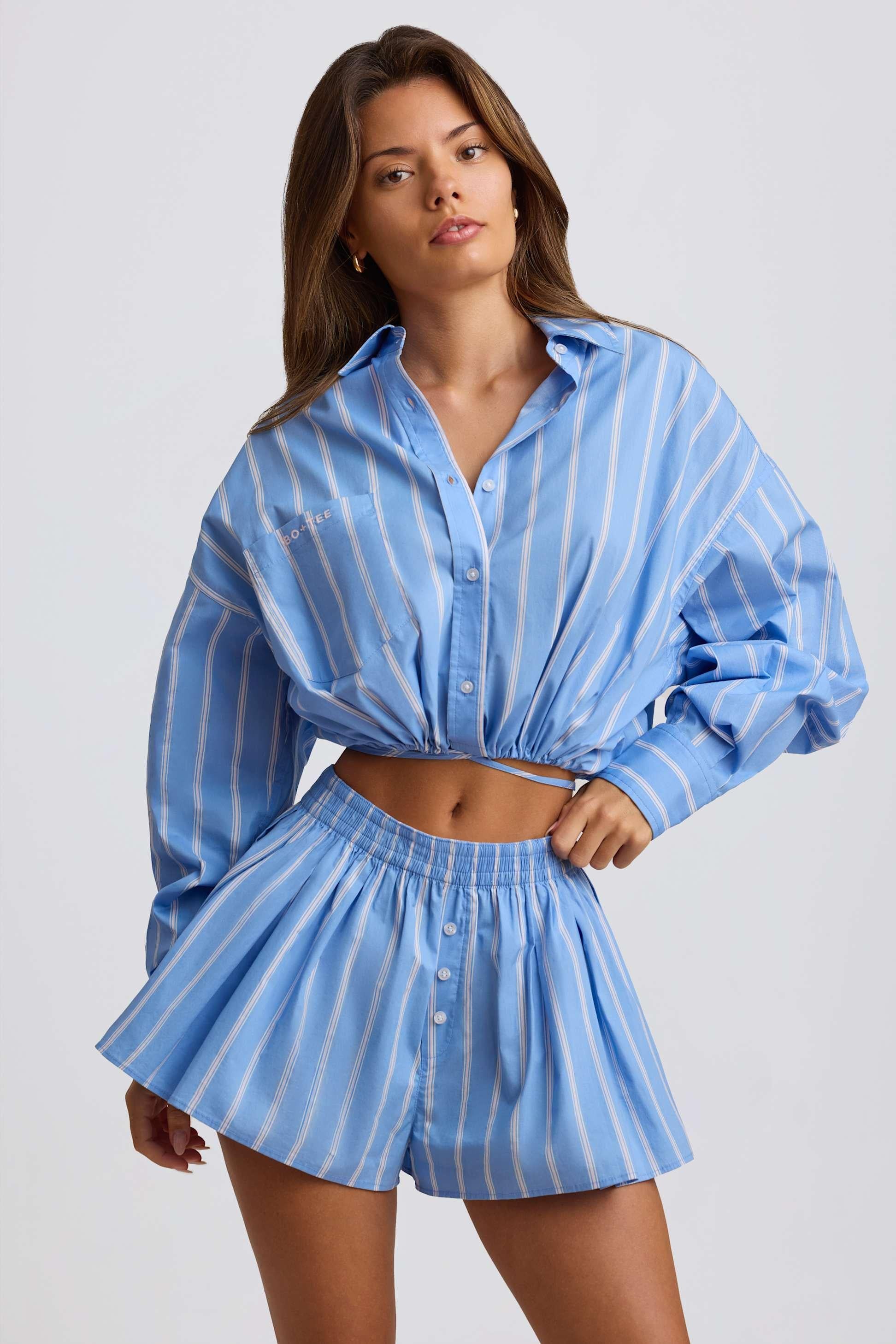 Cotton Poplin Stripe Multiway Cropped Shirt In Blue Stripe